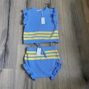 NEW Pip + Lenny Knit Matching Set Girls 4 Boutique Blue Yellow Top Bloomers